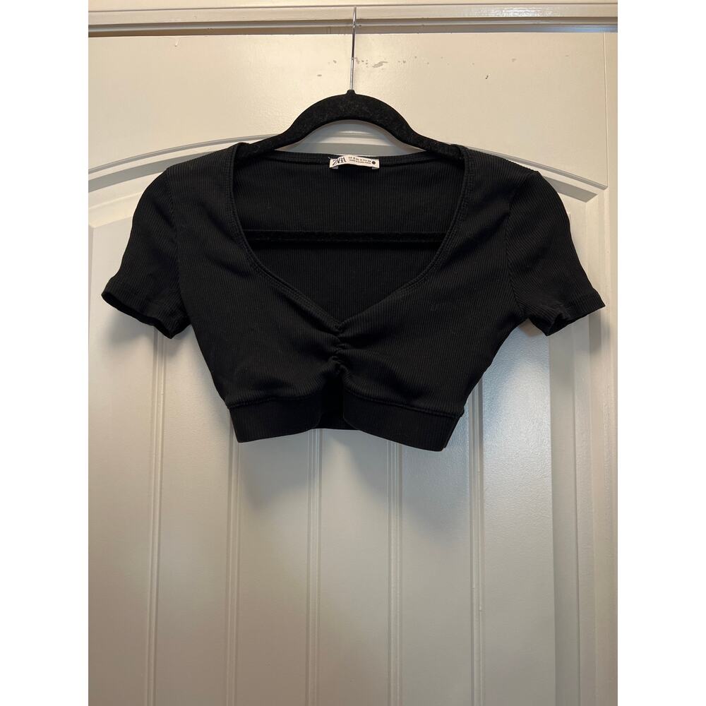 Zara Women’s V Neckline Short Sleeve Casual Summer Cropped Tank Top Size S Black